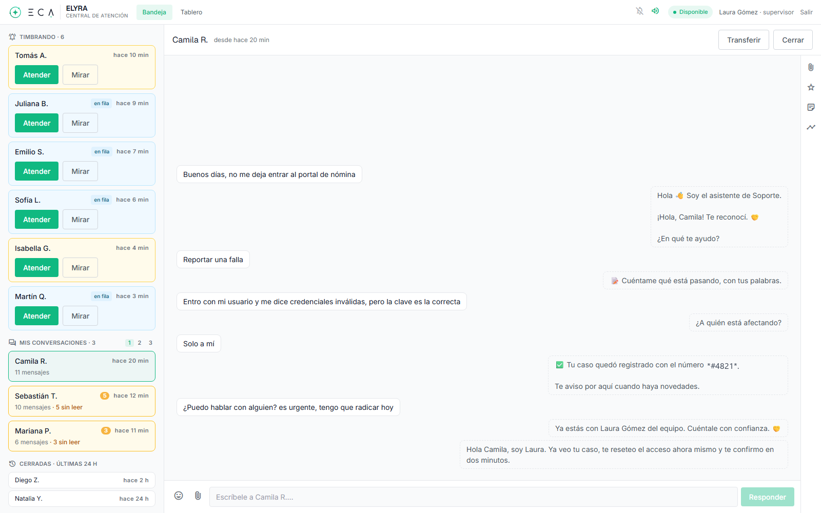 La bandeja de ECA: seis conversaciones timbrando en la cola, tres atendiéndose a la vez y el hilo completo de una de ellas